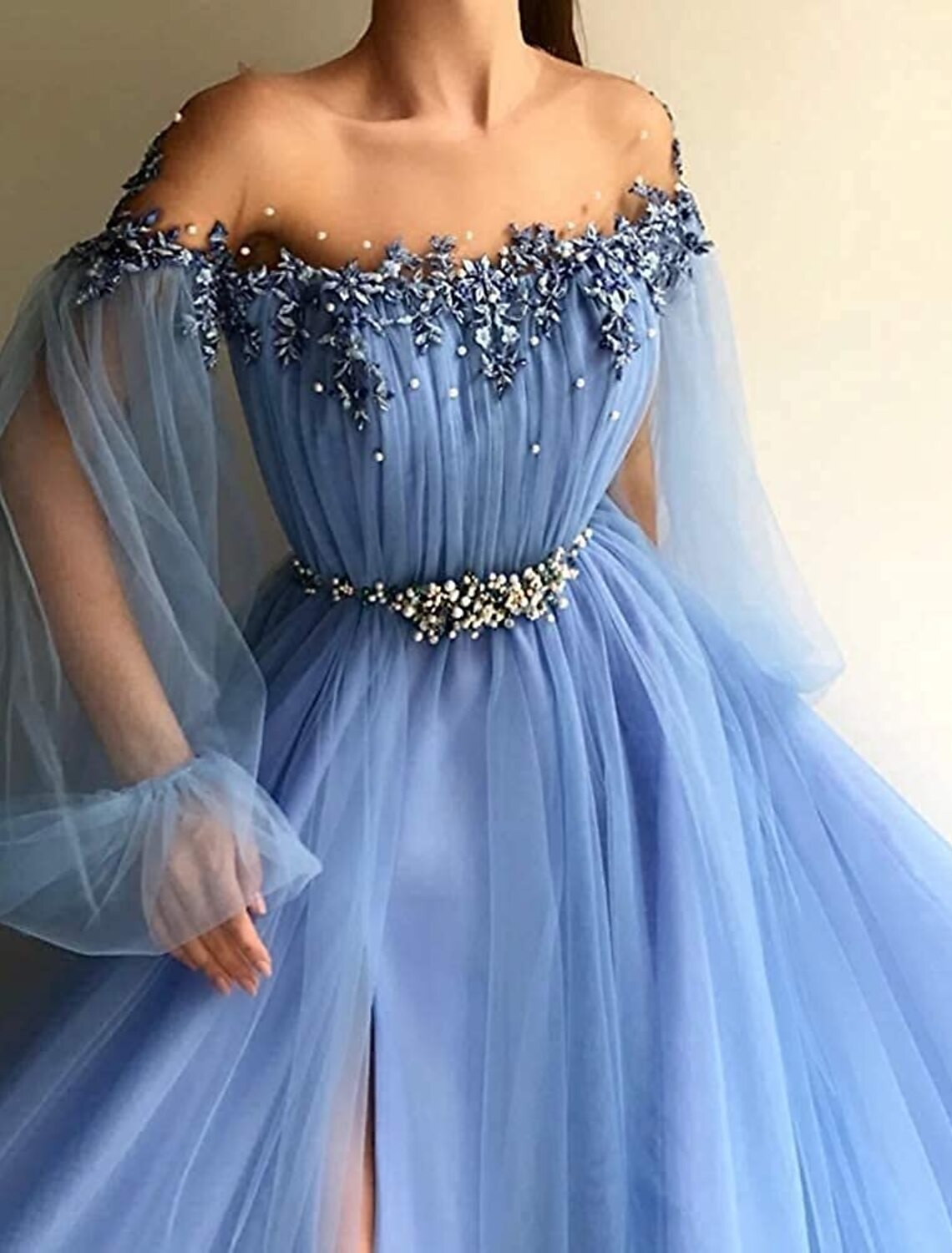 Wholesa A-Line Elegant Formal Evening Birthday Dress Off Shoulder Long Sleeve Sweep / Brush Train Tulle with Beading Appliques Split Front