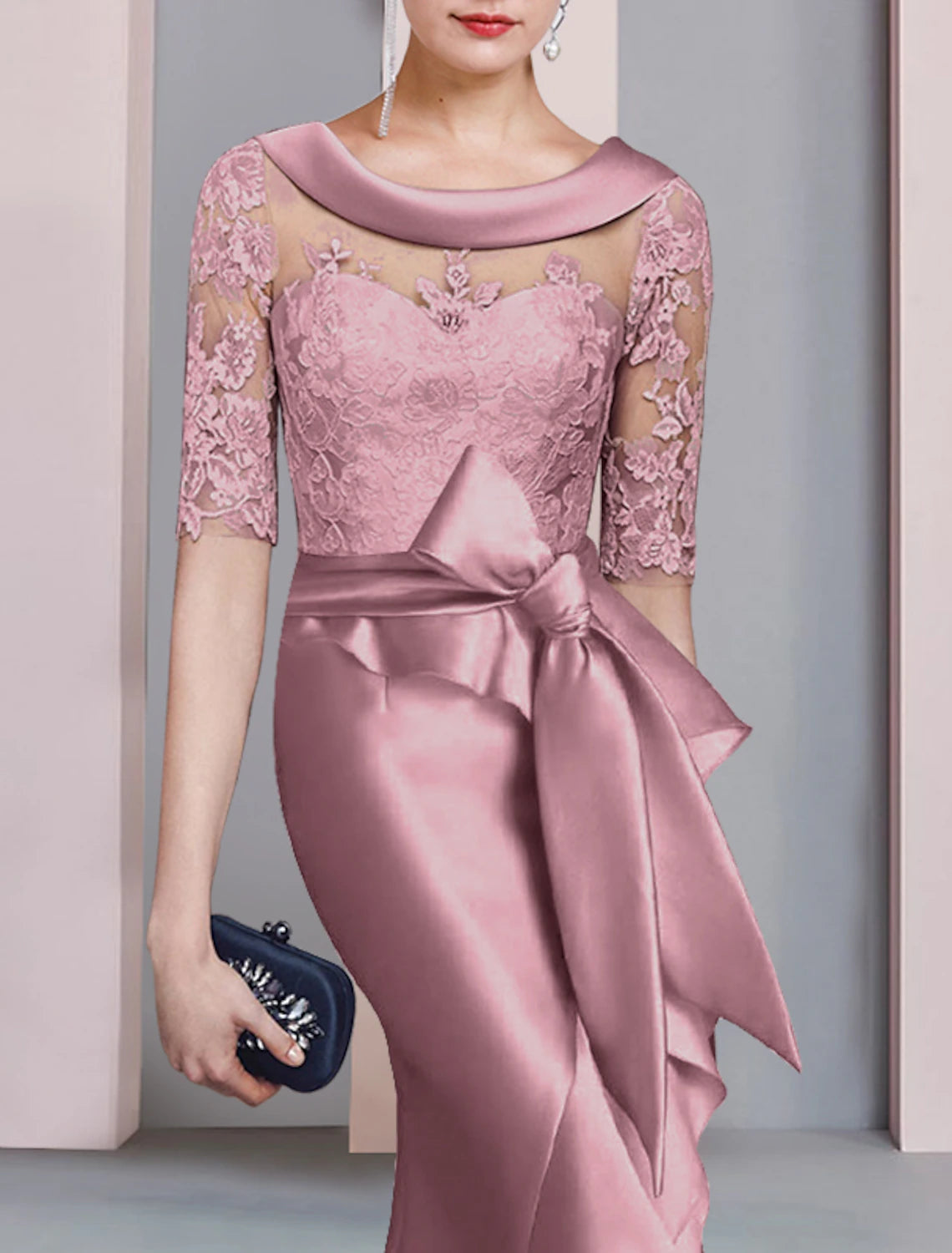 wholesale   Mermaid / Trumpet Mother of the Bride Dress Formal Fall Wedding Guest Dresses Elegant High Low Scoop Neck Sweep / Brush Train Asymmetrical Satin Lace Half Sleeve with Bow(s) Appliques