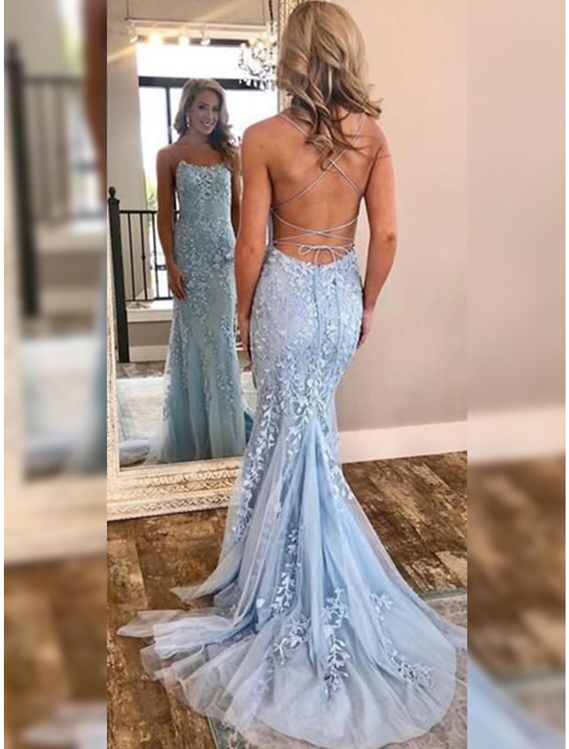 Wholesa Mermaid / Trumpet Prom Dresses Open Back Dress Prom Wedding Party Court Train Sleeveless Halter Neck Tulle Backless with Appliques