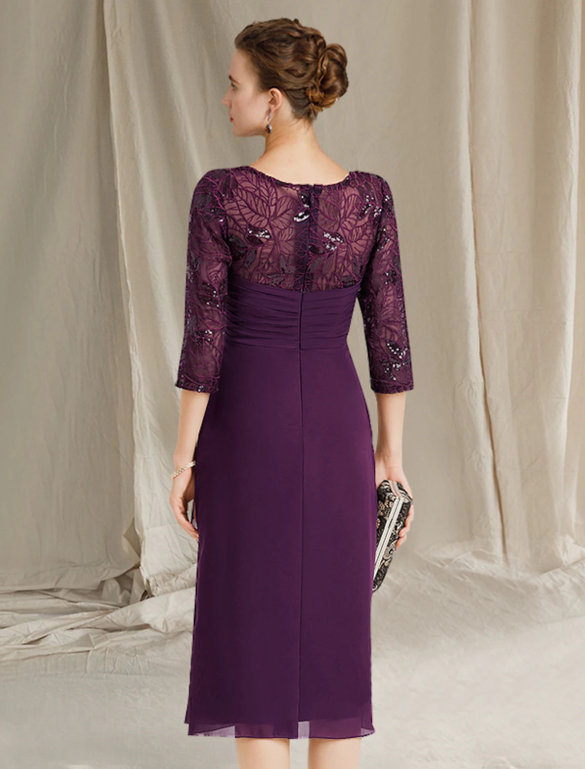 wholesale  Sheath / Column Mother of the Bride Dress Plus Size Elegant Jewel Neck Knee Length Stretch Chiffon Short Sleeve with Sequin Side-Draped