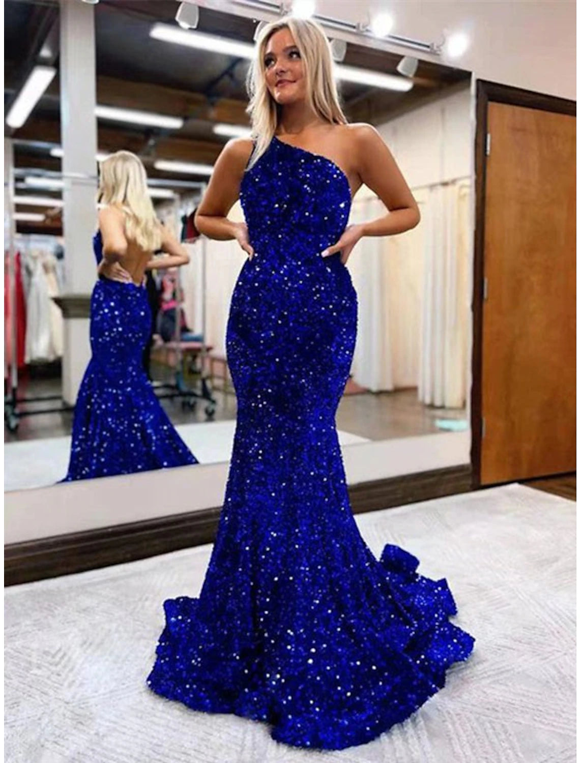 Wholesa Mermaid / Trumpet Prom Dresses Sparkle & Shine Dress Formal Prom Floor Length Sleeveless One Shoulder Sequined Backless with Sequin