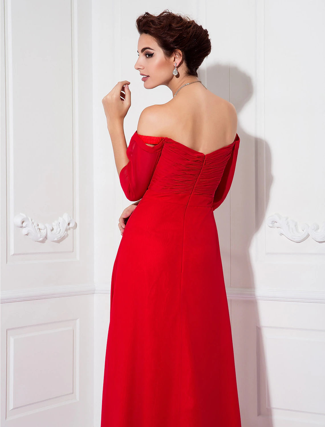 wholesa Sheath / Column Minimalist Dress Wedding Guest Formal Evening Sweep / Brush Train Half Sleeve Off Shoulder Bridesmaid Dress Chiffon with Ruched Draping