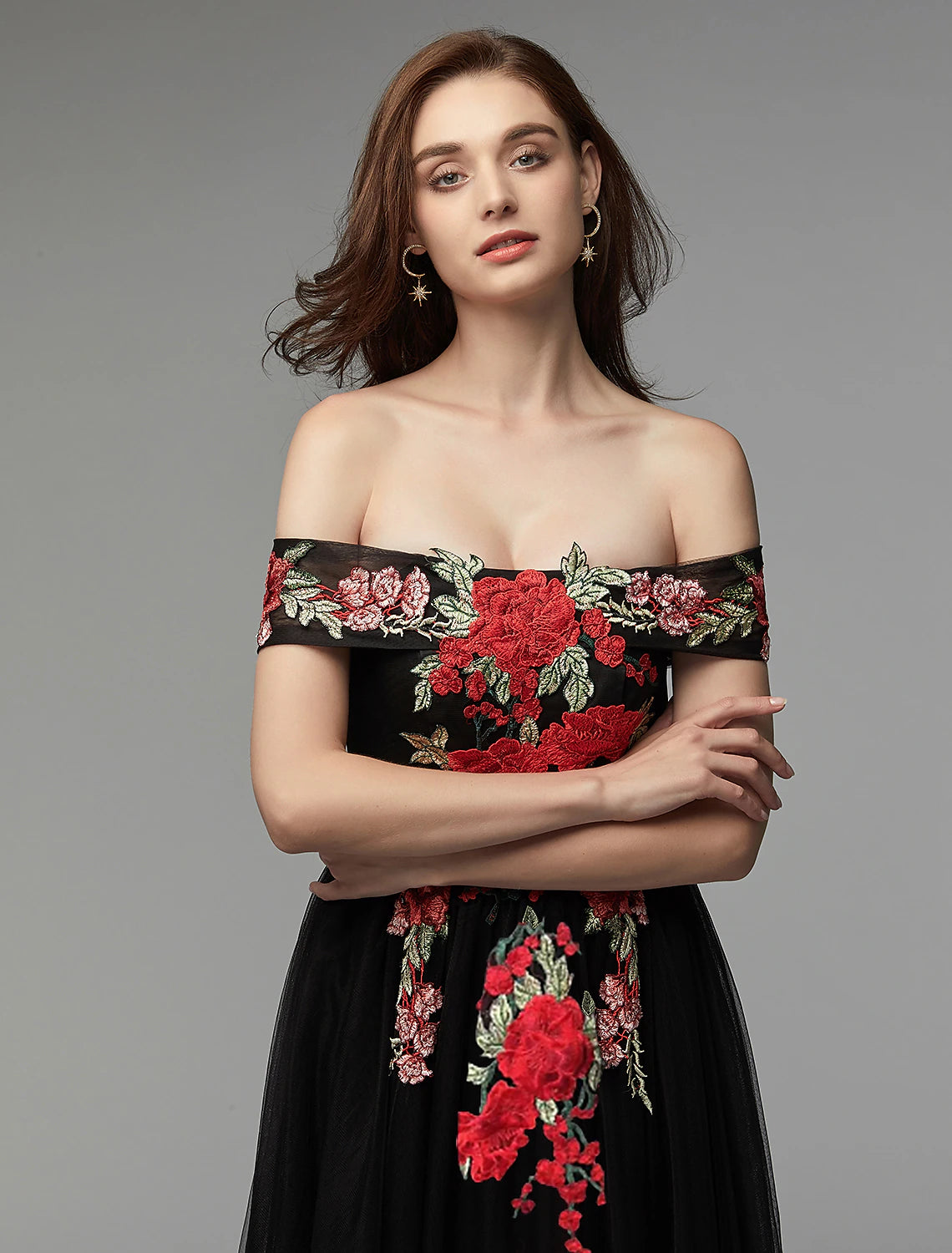 wholesa A-Line Prom Dresses Floral Dress Wedding Guest Prom Floor Length Sleeveless Off Shoulder Lace Over Tulle with Embroidery Appliques