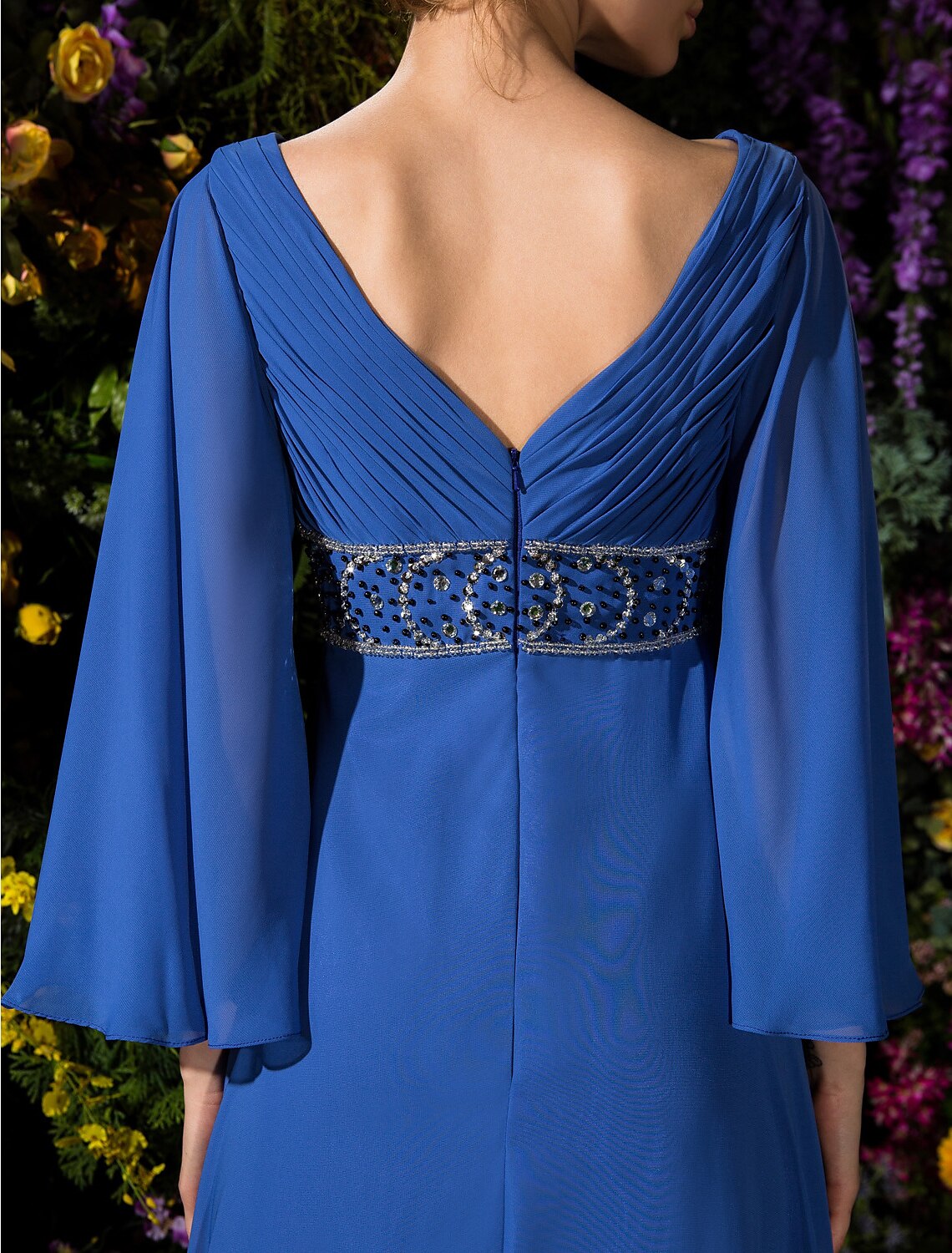 wholesale  A-Line Mother of the Bride Dress Vintage Inspired V Neck Floor Length Chiffon Long Sleeve with Crystals Beading Side Draping