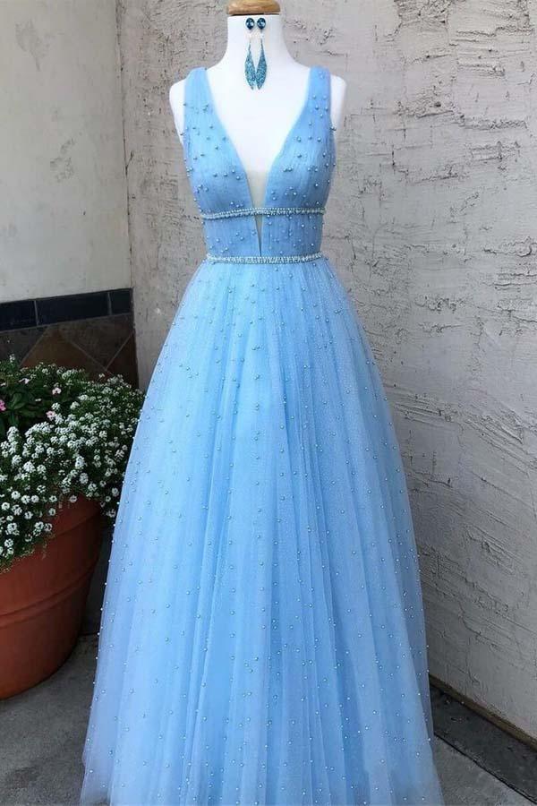 Wholesa Beaded Sky Blue V Neck Long Prom Dresses Pearls Tulle Cute Prom Dress