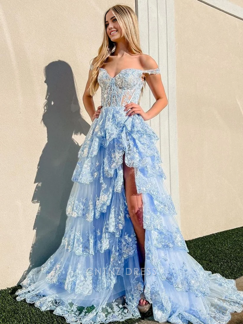 Wholesa A Line Long Off the Shoulder Sweetheart Sleeveless Tiered Ruffles Tulle formal dresses Bridesmaid Dresses evening gown Prom Dress With Split