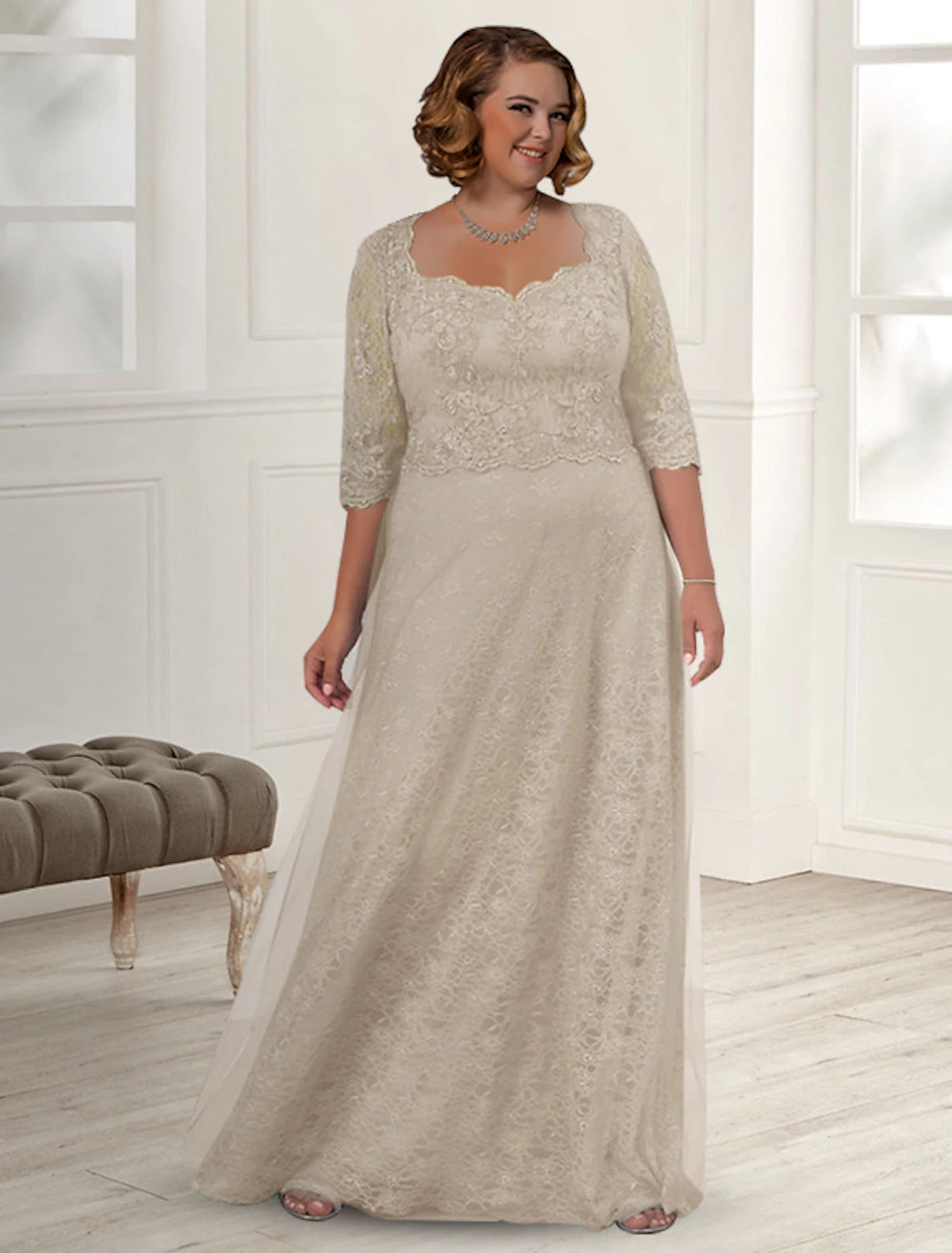 wholesale  A-Line Mother of the Bride Dress Plus Size Elegant Jewel Neck Floor Length Lace Half Sleeve with Appliques