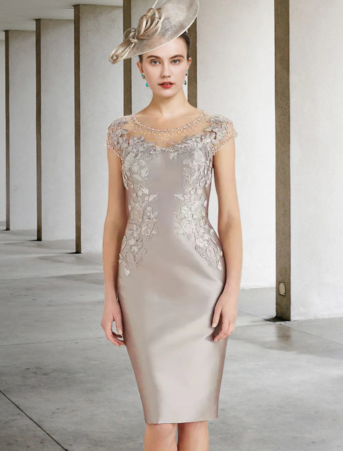 wholesale   Sheath / Column Mother of the Bride Dress Wedding Guest Luxurious Elegant Jewel Neck Knee Length Lace Charmeuse Cap Sleeve with Beading Appliques Fall