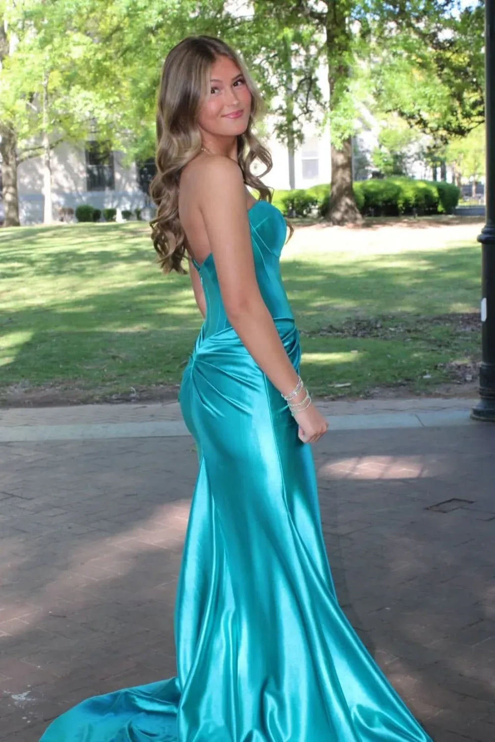 Sleek Strapless Corset Teal Satin Mermaid Prom Dress