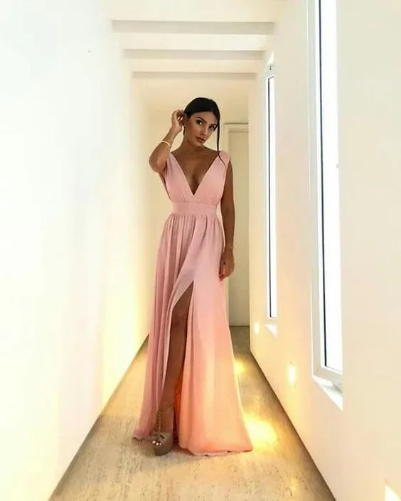 Sleeveless Dusty‑Pink‑Chiffon Deep‑V‑Neck High‑Slit A‑Line Floor‑Length Prom Dress