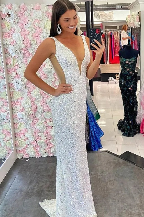 Sleeveless White‑Sequin Deep‑V Mesh‑Panel Mermaid Prom Dress