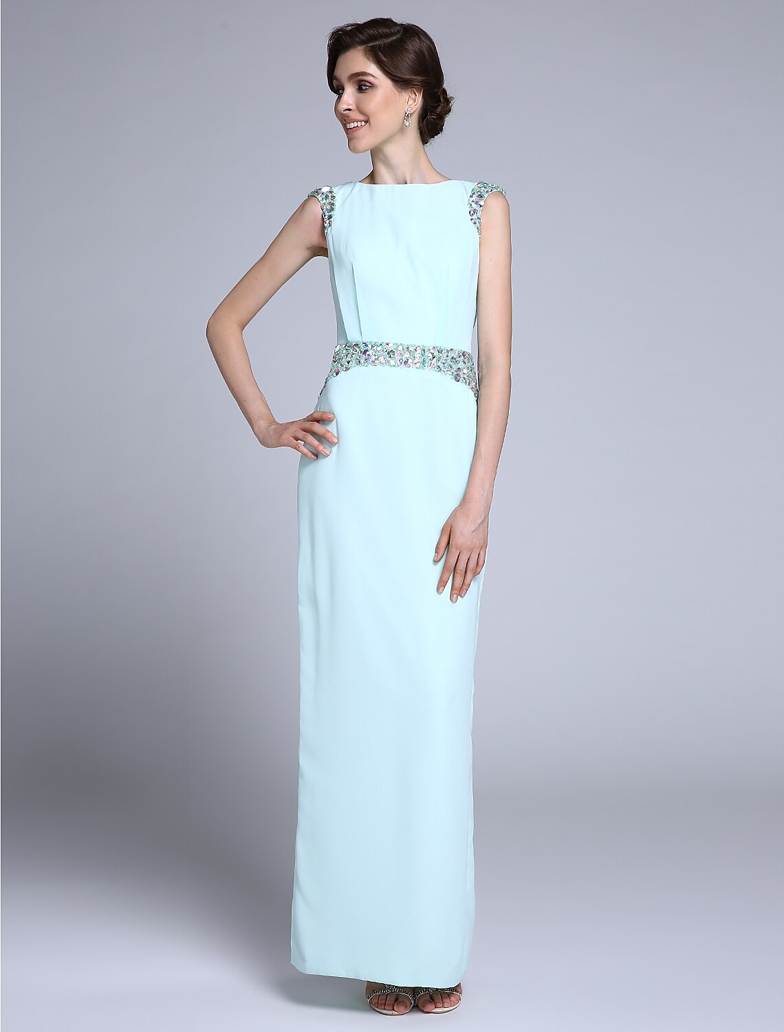 wholesale   Sheath / Column Mother of the Bride Dress Elegant Bateau Neck Ankle Length Chiffon Sleeveless No with Crystals