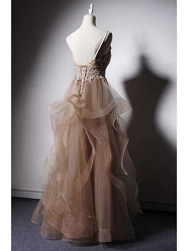 Wholesa A-Line Prom Dresses Sexy Dress Formal Floor Length Sleeveless Spaghetti Strap Lace with Ruffles Appliques