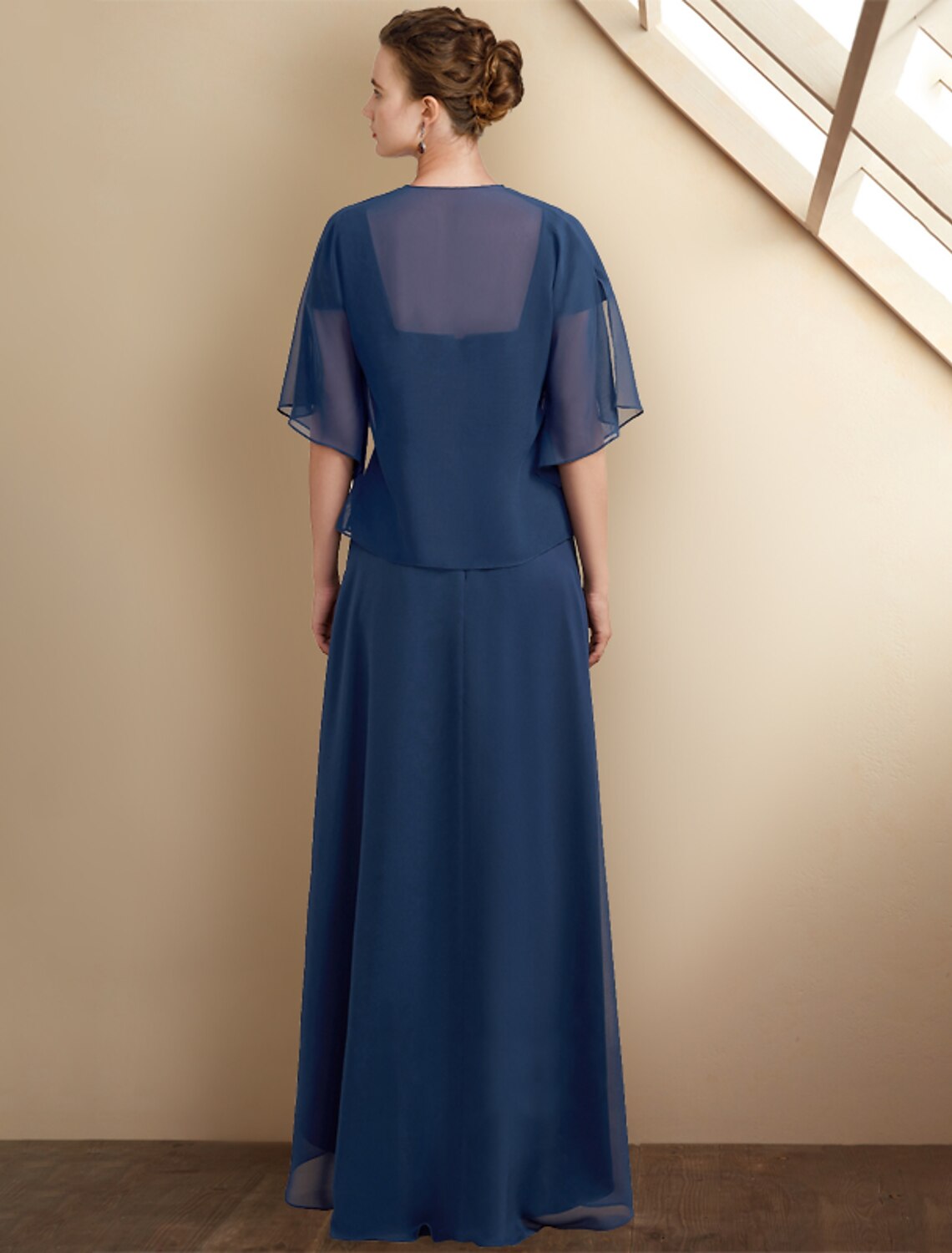 wholesale  A-Line Mother of the Bride Dress Wedding Guest Elegant High Low Square Neck Asymmetrical Tea Length Chiffon Lace Cap Sleeve Fall Wrap Included with Sequin Appliques Side-Draped