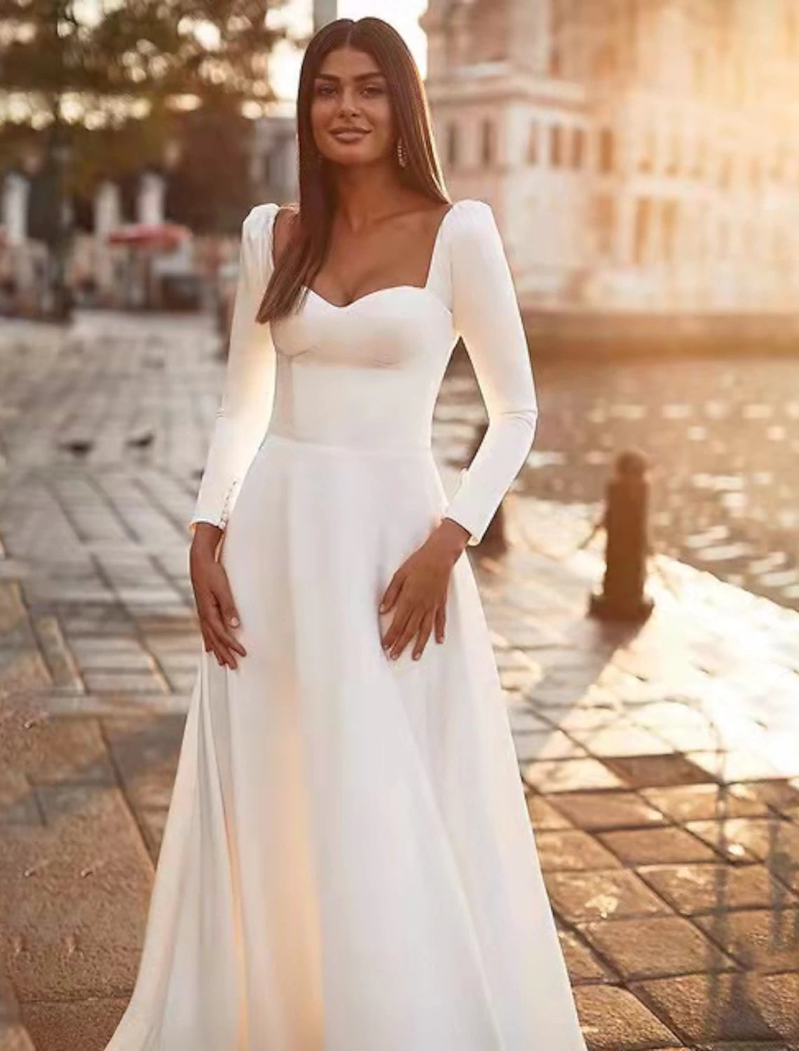wholesale  Reception Royal Style Casual Wedding Dresses A-Line Sweetheart Long Sleeve Sweep / Brush Train Satin Bridal Gowns With Solid Color