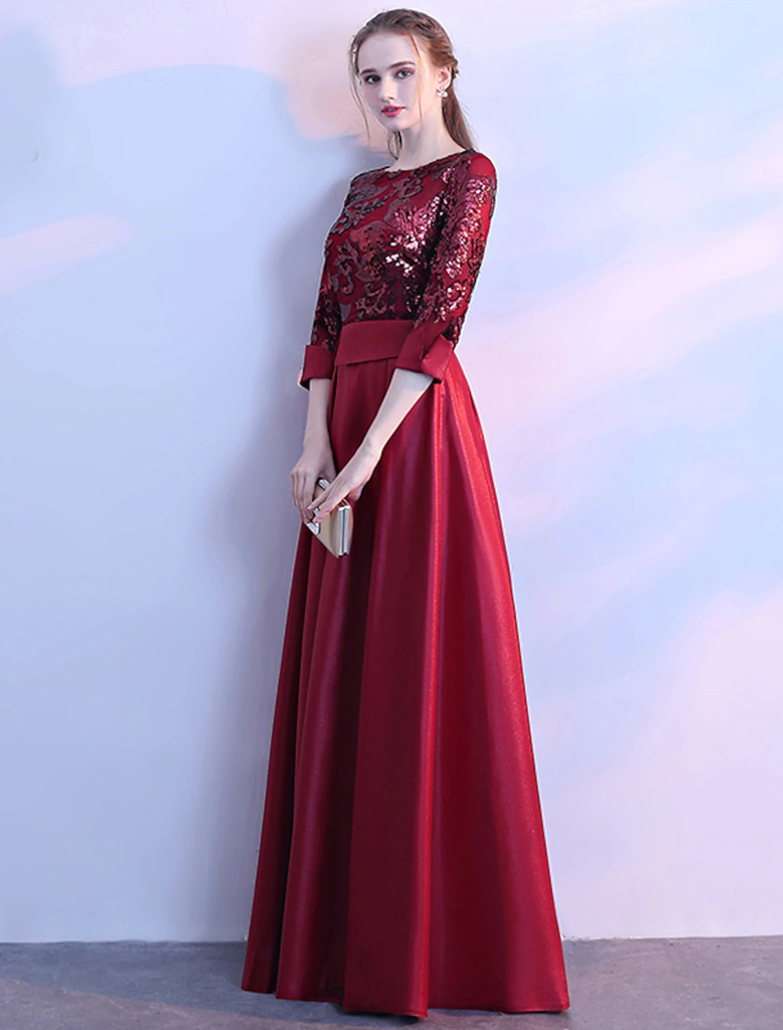 Wholesa A-Line Glittering Elegant Prom Formal Evening Dress Jewel Neck 3/4 Length Sleeve Floor Length Satin with Sequin