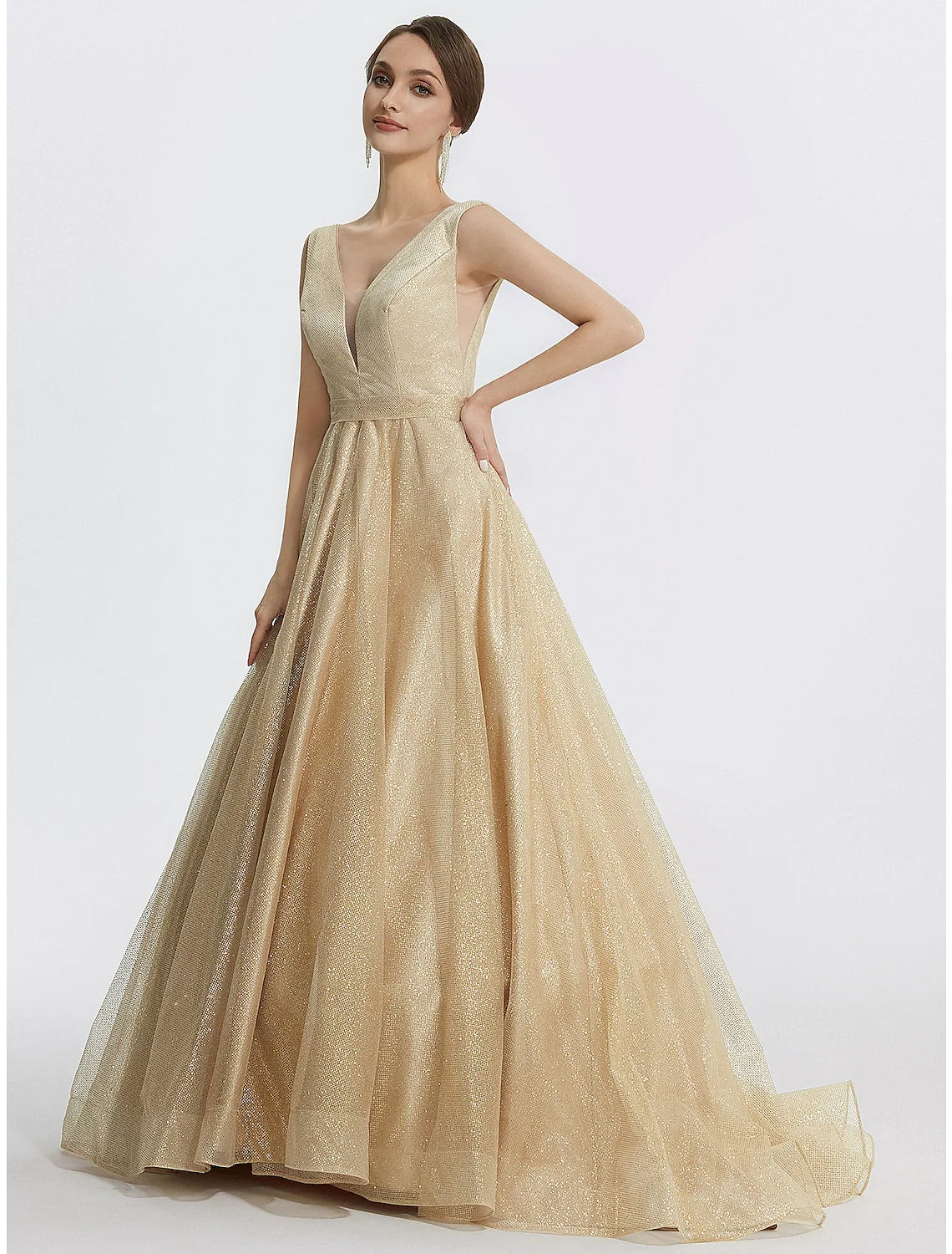 Wholesa Ball Gown Prom Dresses Sparkle Dress Wedding Quinceanera Floor Length Sleeveless V Neck Tulle with Glitter