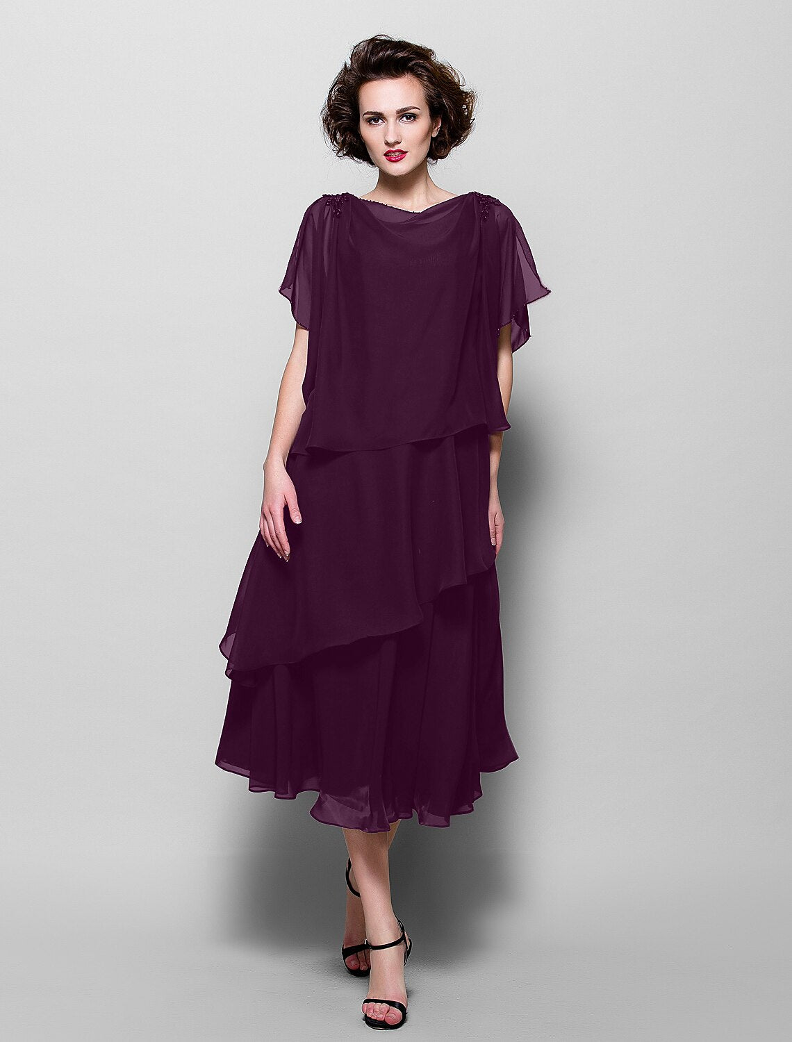 wholesale  A-Line Mother of the Bride Dress Plus Size Elegant Cowl Neck Tea Length Chiffon Short Sleeve with Ruffles Crystal Brooch