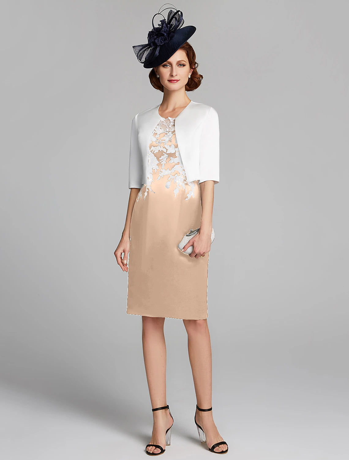 wholesale  Sheath / Column Mother of the Bride Dress Wrap Included Jewel Neck Knee Length Satin Lace Sleeveless with Appliques