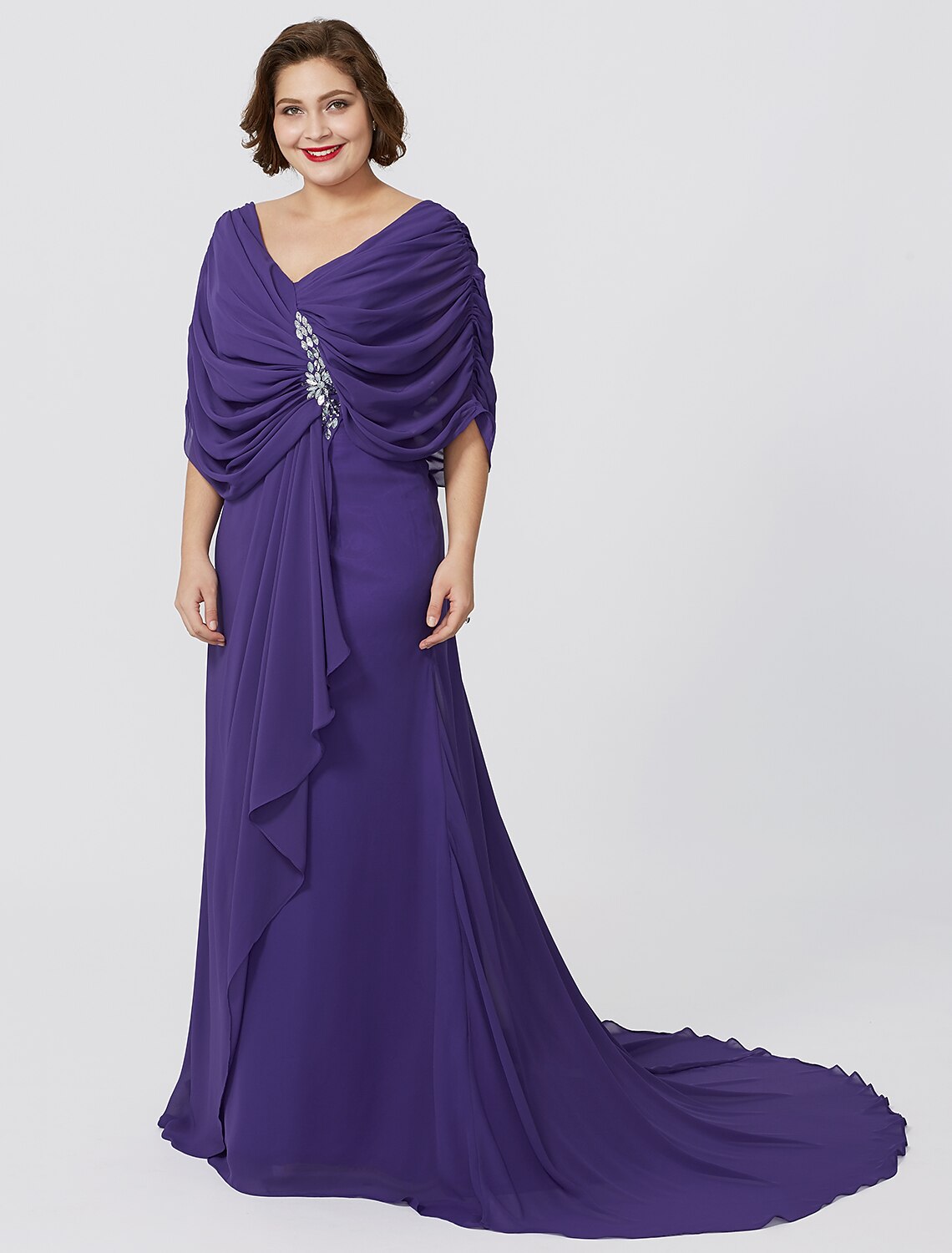 wholesale  Sheath / Column Mother of the Bride Dress Formal Classic & Timeless Elegant & Luxurious Plus Size Hide Belly V Neck Sweep / Brush Train Floor Length Chiffon Short Sleeve No with Criss Cross