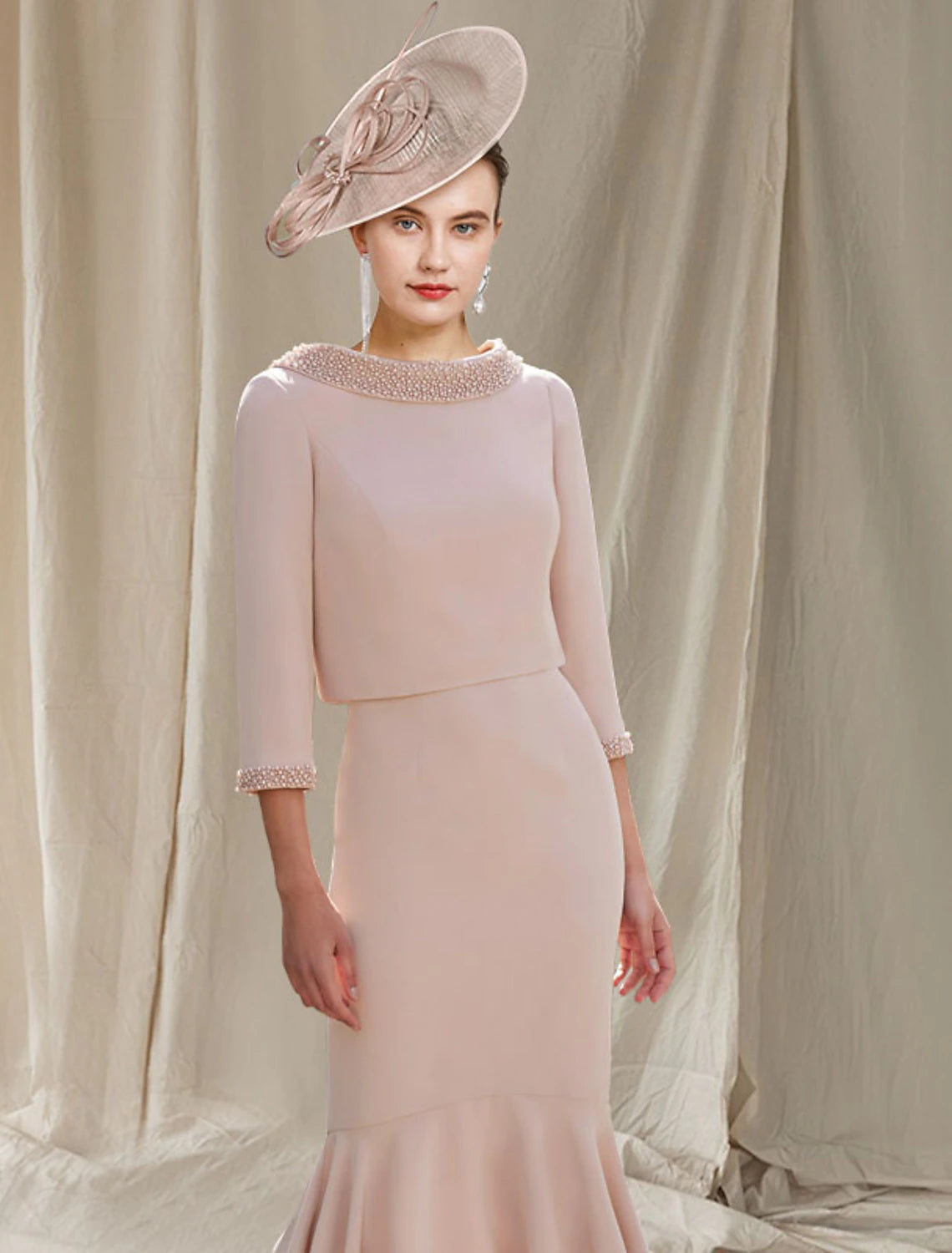 wholesale  Two Piece Mermaid / Trumpet Mother of the Bride Dress Church Elegant High Low Square Neck Asymmetrical Tea Length Stretch Chiffon Sleeveless Short Jacket Dresses with Pearls Beading