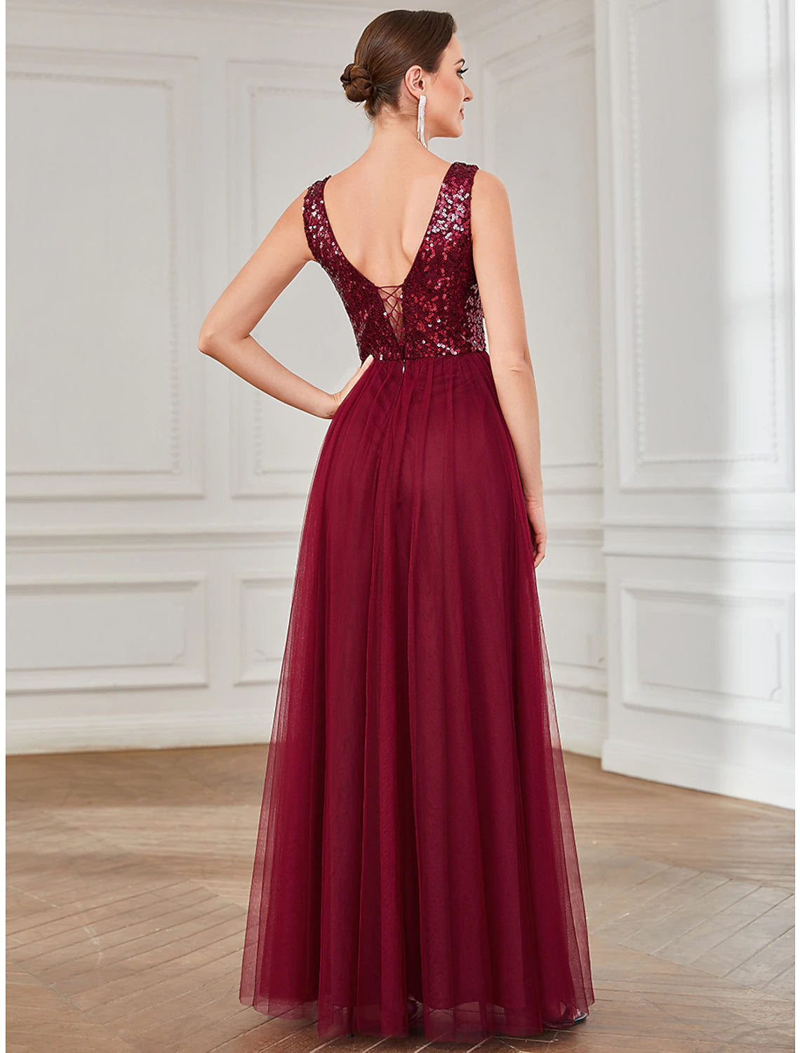 Wholesa A-Line Party Dresses Sparkle & Shine Dress Wedding Guest Birthday Floor Length Sleeveless Jewel Neck Tulle with Sequin