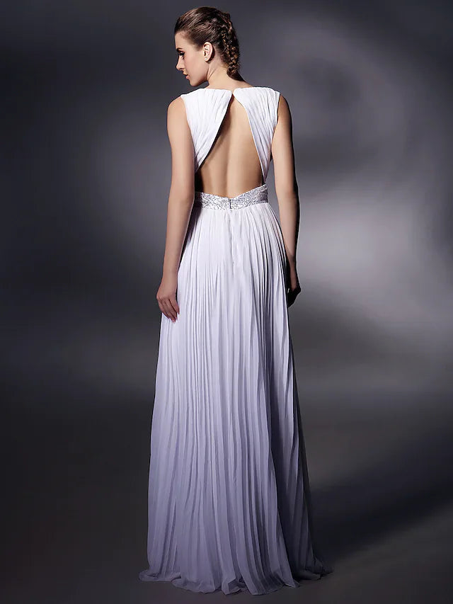 Wholesa Sheath / Column Celebrity Style Dress Prom Floor Length Sleeveless Plunging Neck Chiffon with Beading Draping