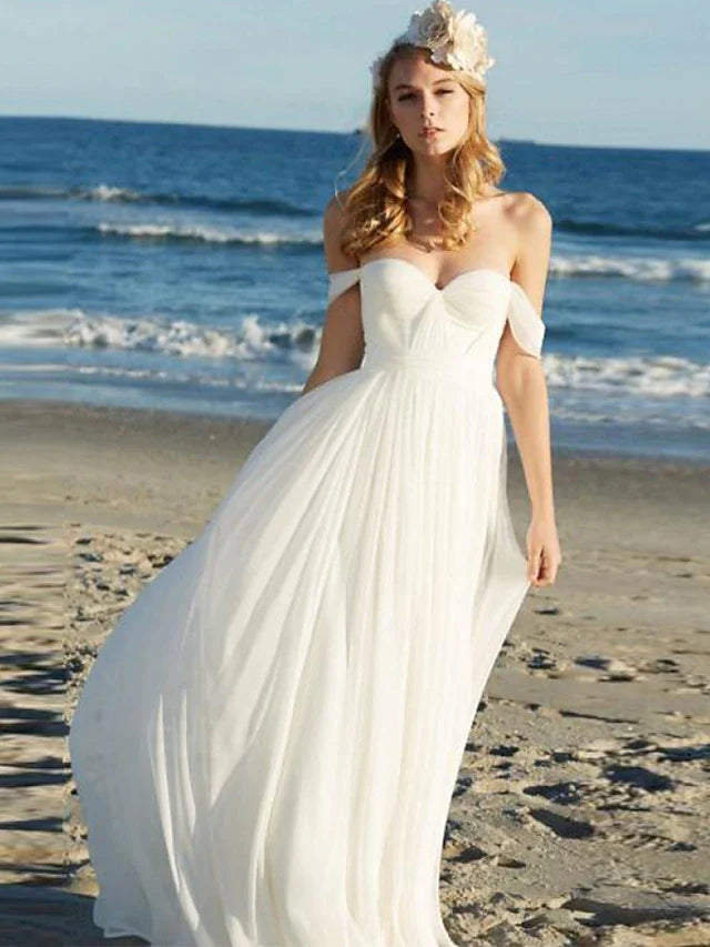 Wholesa Beach Sexy Boho Wedding Dresses Floor Length A-Line Sleeveless Off Shoulder Chiffon With Pleats Solid Color