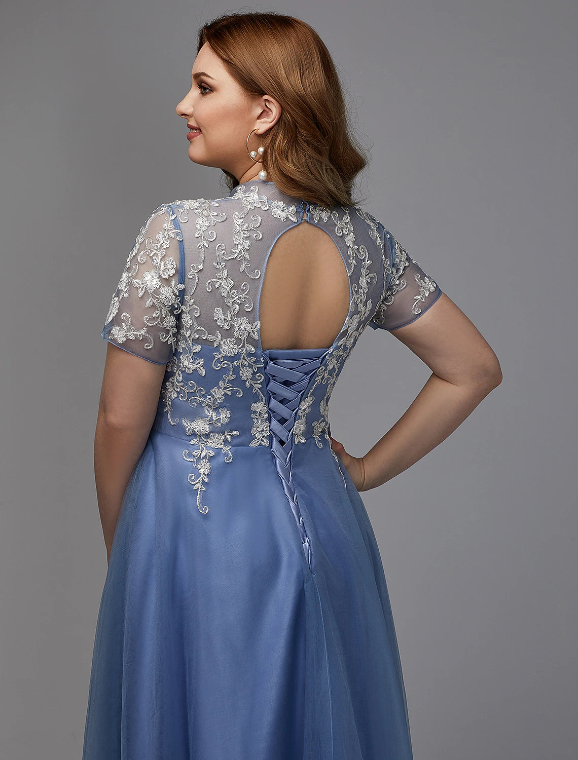 wholesaA-Line Plus Size Dress Wedding Guest Prom Floor Length Short Sleeve High Neck Lace Lace-up with Appliques