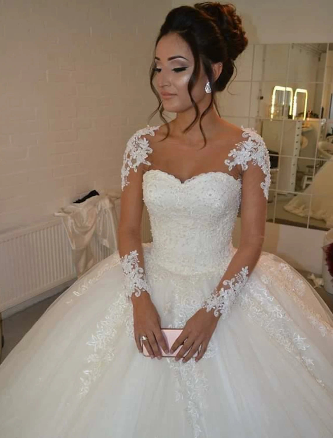 wholesale  Engagement Formal Fall Wedding Dresses Ball Gown Sweetheart Long Sleeve Floor Length Lace Bridal Gowns With Lace
