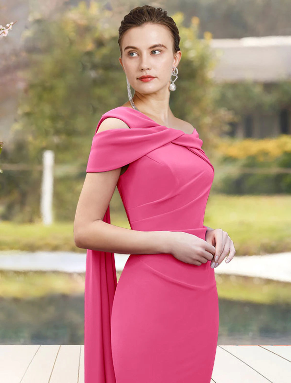 wholesale  Sheath / Column Mother of the Bride Dress Wedding Guest Elegant Jewel Neck Knee Length Stretch Chiffon 3/4 Length Sleeve with Side-Draped Fall