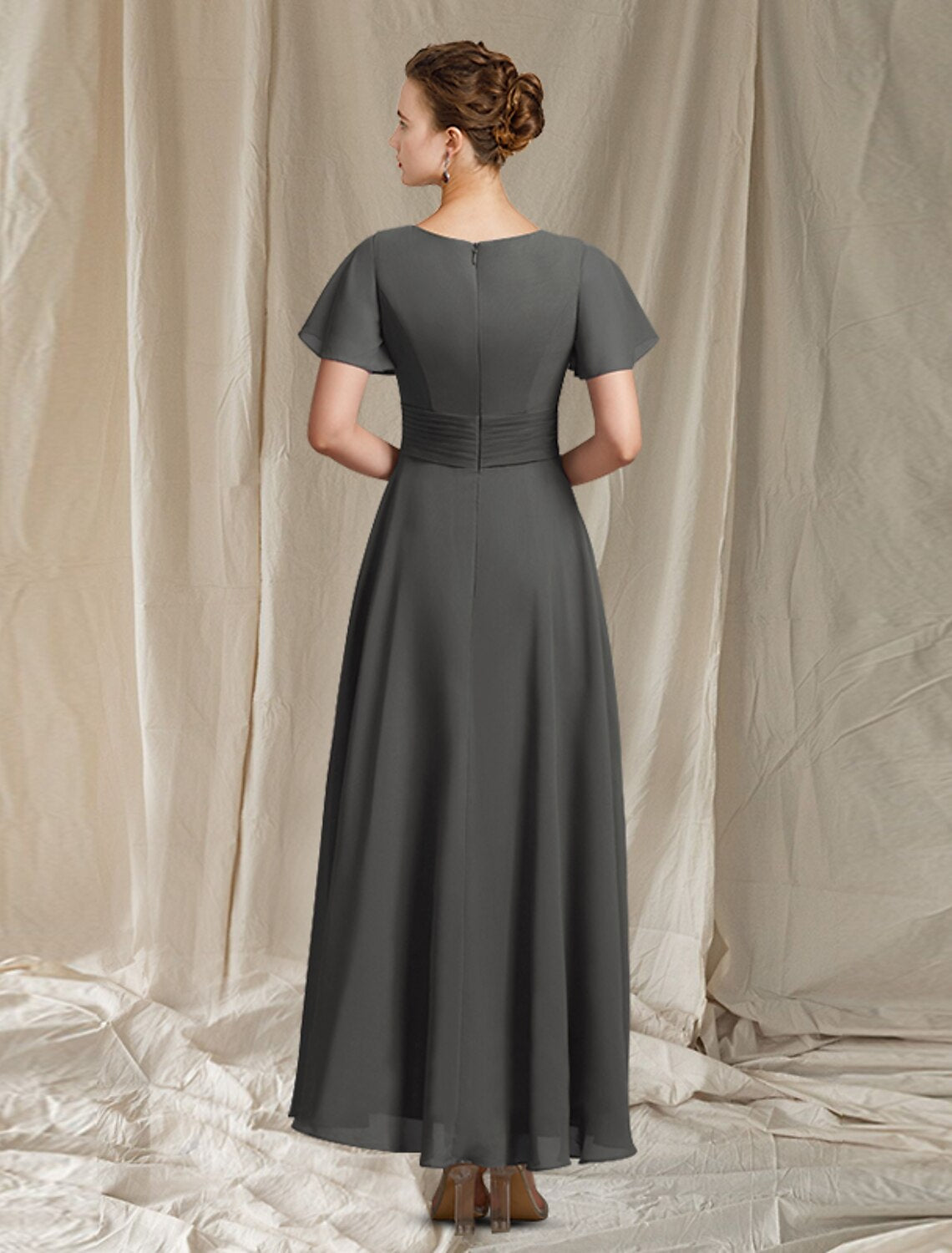 wholesale   A-Line Mother of the Bride Dress Elegant V Neck Ankle Length Chiffon Short Sleeve with Pleats Beading