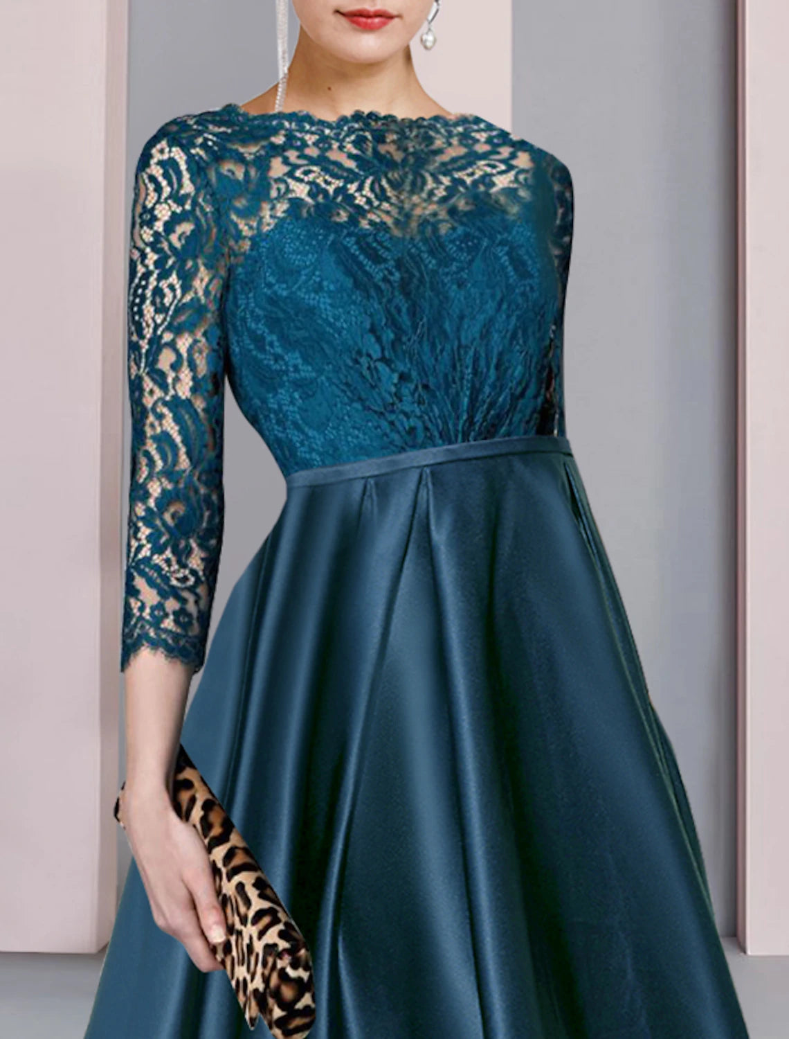 wholesale  A-Line Mother of the Bride Dress Formal Wedding Guest Elegant High Low Scoop Neck Asymmetrical Tea Length Satin Lace Half Sleeve with Pleats