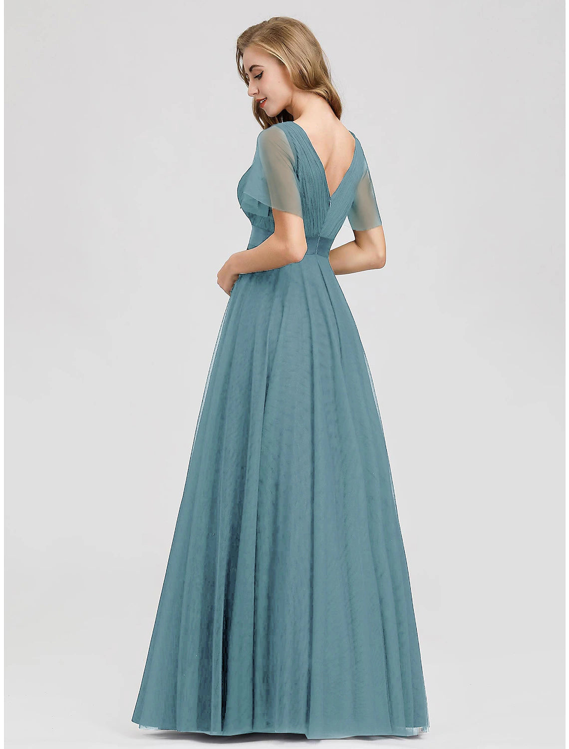 Wholesa A-Line Empire Wedding Guest Prom Dress V Neck V Back Short Sleeve Floor Length Chiffon with Pleats Ruched