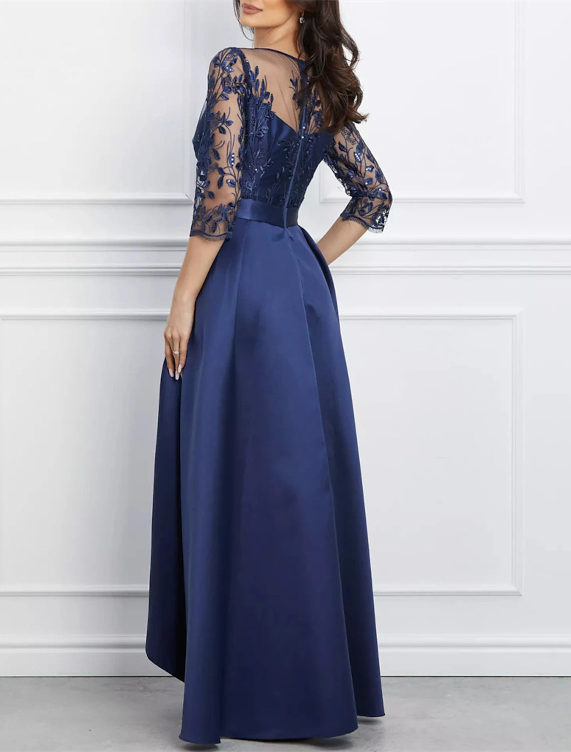 Wholesa A-Line Evening Gown Elegant Black Dress Plus Size Formal Wedding Asymmetrical High Low 3/4 Length Sleeve Jewel Neck Satin with Bow(s) Sequin Appliques