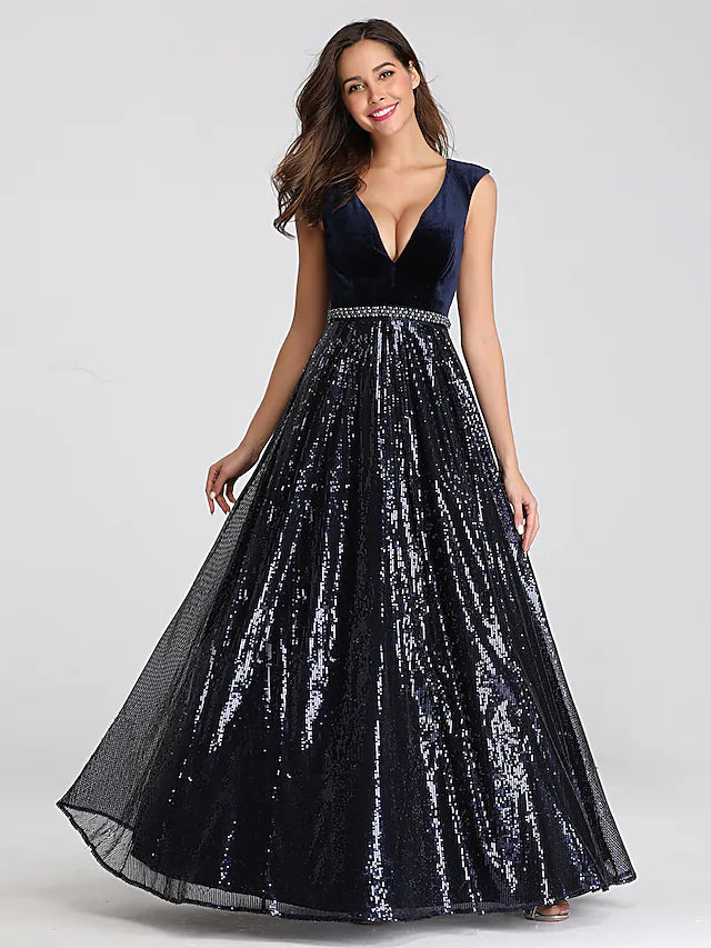 Wholesa A-Line Prom Dresses Elegant Dress Prom Floor Length Sleeveless Plunging Neck Sequined with Sash / Ribbon Beading