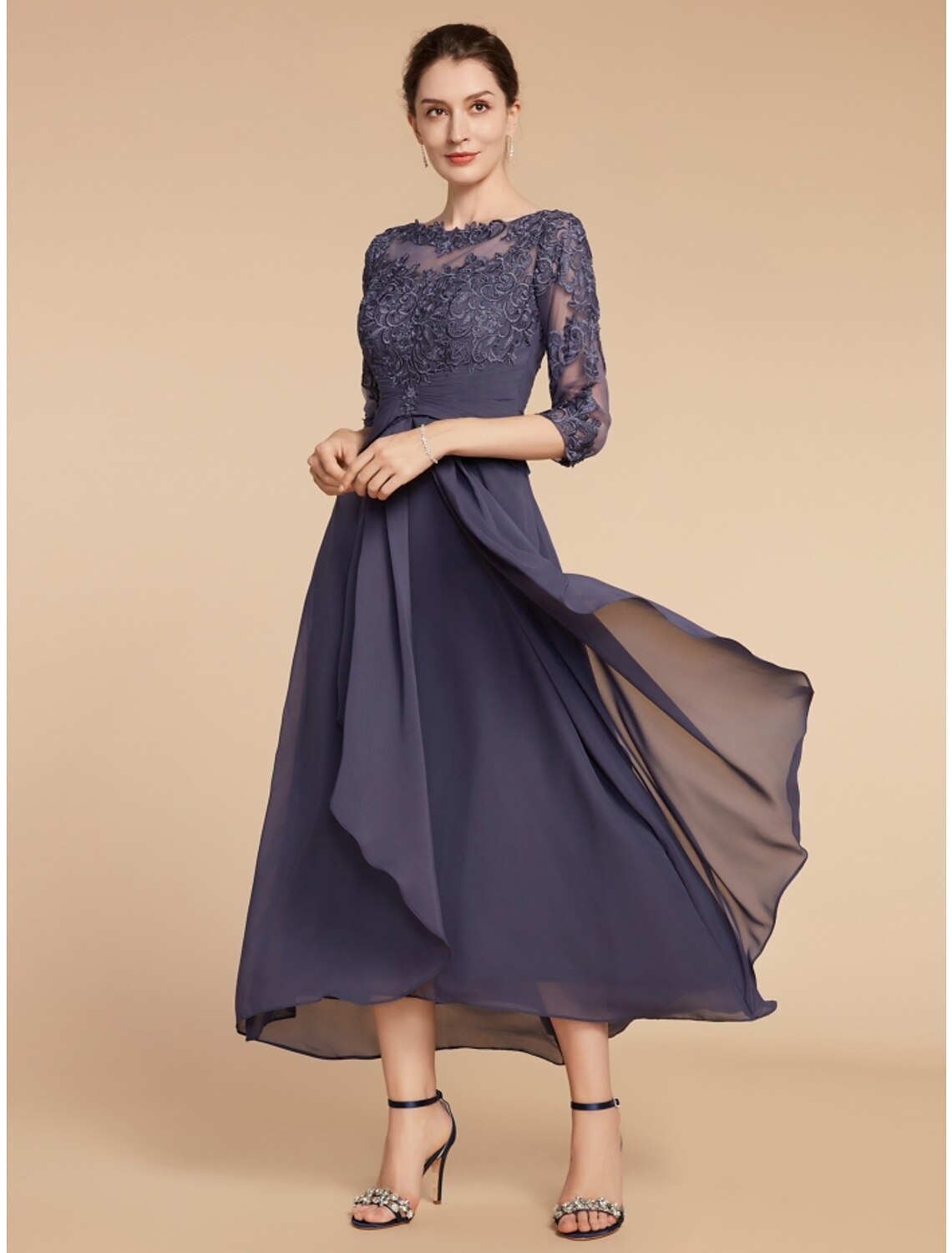 Wholesa  A-Line Mother of the Bride Dress Wedding Guest Elegant Scoop Neck Ankle Length Chiffon Lace 3/4 Length Sleeve with Ruching Solid Color