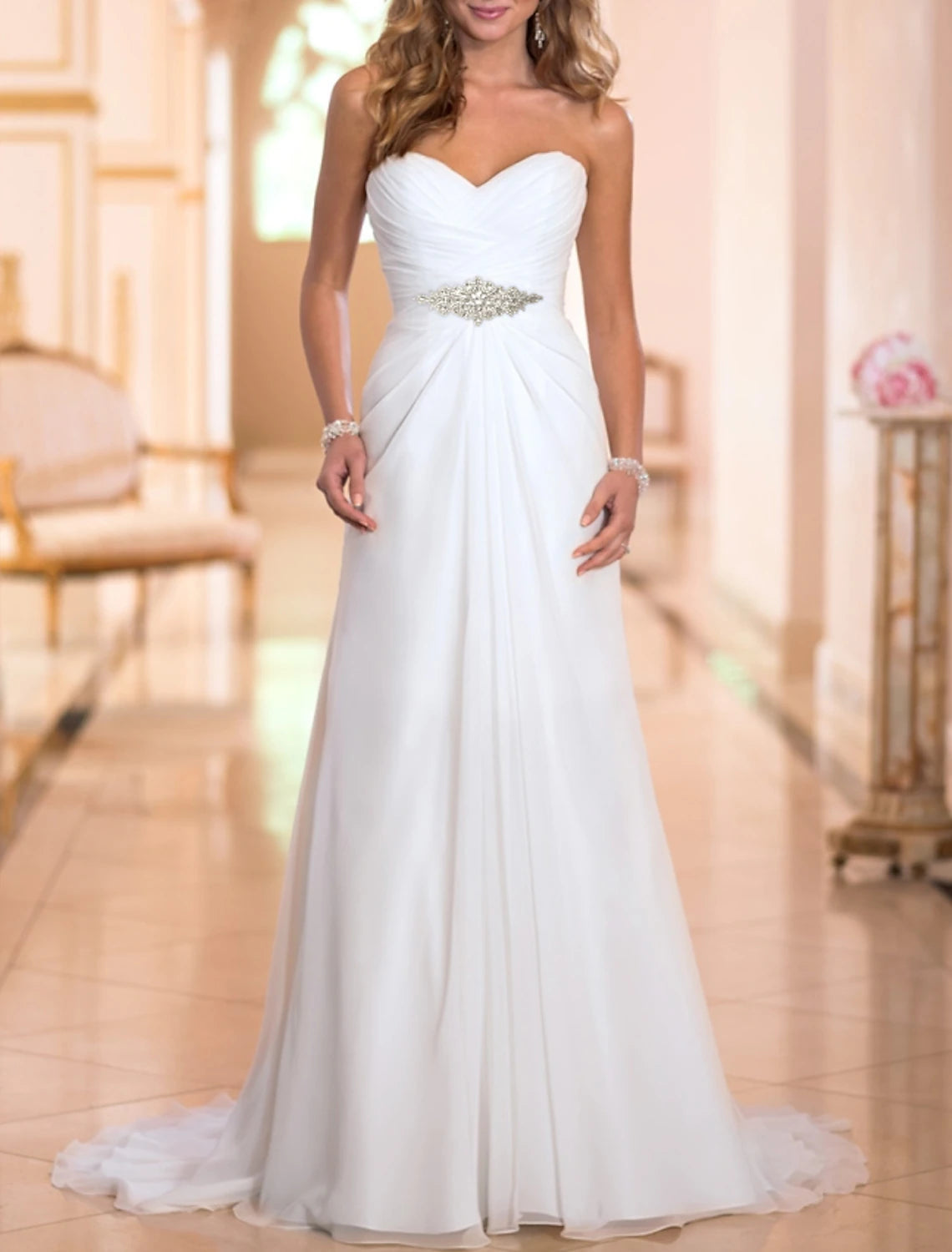 Wholesa Hall Simple Wedding Dresses A-Line Sweetheart Strapless Sweep / Brush Train Chiffon Bridal Gowns With Crystals