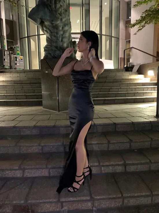 Spaghetti‑Strap Black Satin Ruched Mermaid Prom Dress