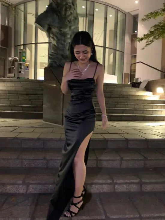 Spaghetti‑Strap Black Satin Ruched Mermaid Prom Dress