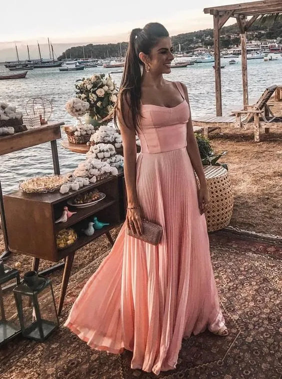 Spaghetti‑Strap Blush‑Pink‑Satin Square‑Neck Pleated‑A‑Line Floor‑Length Evening Dress