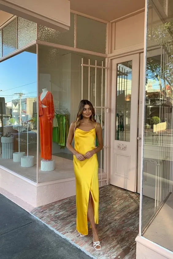 Spaghetti‑Strap Bright‑Yellow‑Satin Cowl‑Neck High‑Slit Floor‑Length Prom Dress