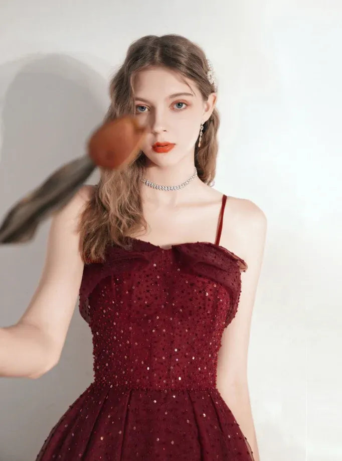 Spaghetti‑Strap Burgundy‑Tulle Beaded‑Dot Lace‑Up‑Back Midi‑A‑Line Prom Dress