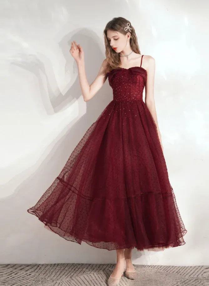 Spaghetti‑Strap Burgundy‑Tulle Beaded‑Dot Lace‑Up‑Back Midi‑A‑Line Prom Dress