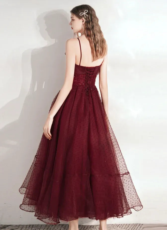 Spaghetti‑Strap Burgundy‑Tulle Beaded‑Dot Lace‑Up‑Back Midi‑A‑Line Prom Dress