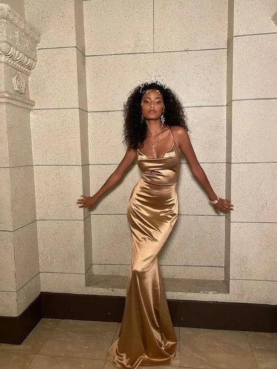 Spaghetti‑Strap Gold Satin Cowl‑Neck Mermaid Prom Dress