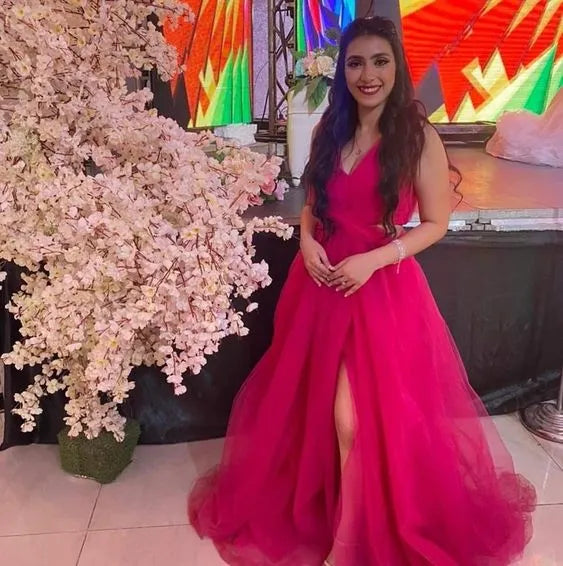 Spaghetti‑Strap Hot‑Pink‑Tulle Deep‑V‑Neck Cutout‑Waist High‑Slit A‑Line Floor‑Length Prom Dress