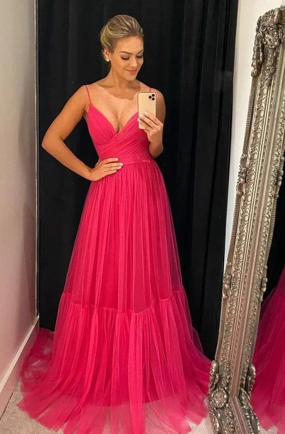 Spaghetti‑Strap Hot‑Pink‑Tulle Surplice‑V‑Neck Tiered‑Ruffle Floor‑Length Prom Dress