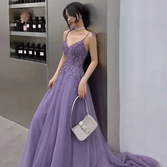 Spaghetti‑Strap Lavender‑Tulle 3D‑Floral Lace Corset‑Back A‑Line Prom Dress