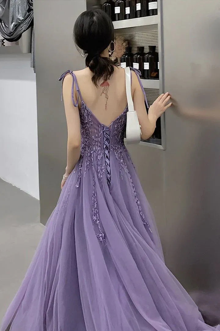 Spaghetti‑Strap Lavender‑Tulle 3D‑Floral Lace Corset‑Back A‑Line Prom Dress